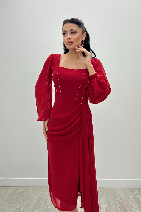 Atlas Kumaş Boncuk Detaylı Şifon Kol Kalem Elbise - KIRMIZI
