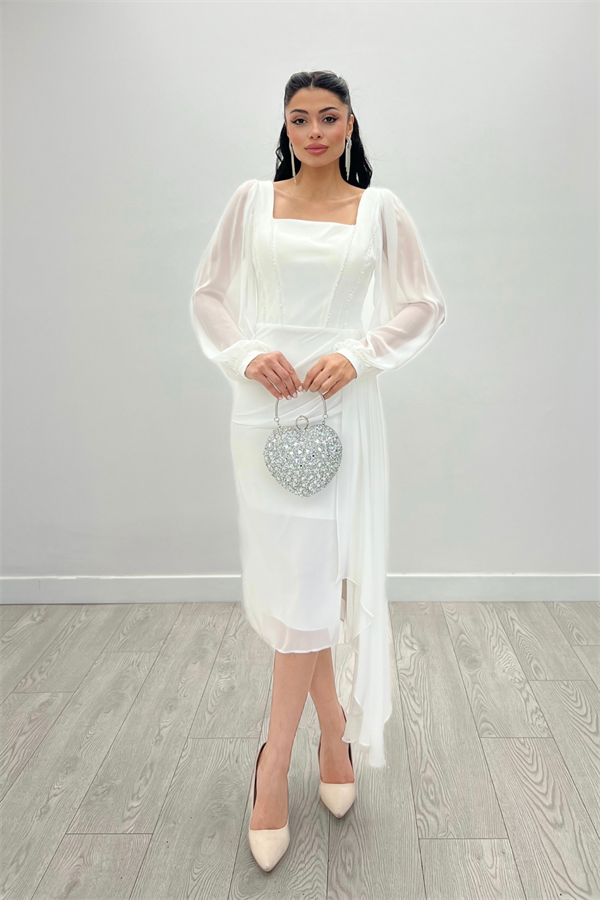 Atlas Kumaş Boncuk Detaylı Şifon Kol Kalem Elbise - BEYAZ