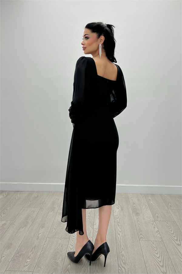 Atlas Kumaş Boncuk Detaylı Şifon Kol Kalem Elbise - SİYAH