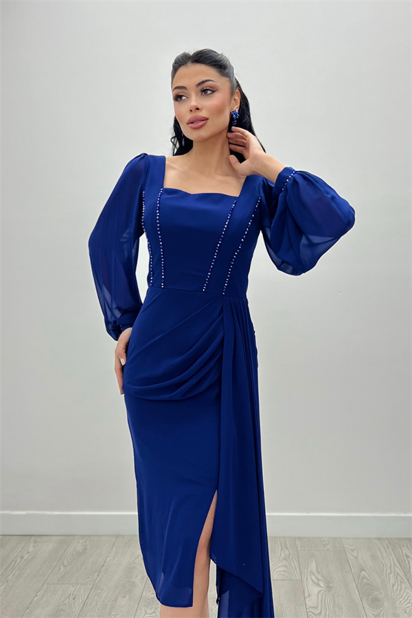 Atlas Kumaş Boncuk Detaylı Şifon Kol Kalem Elbise - SAKS MAVİ