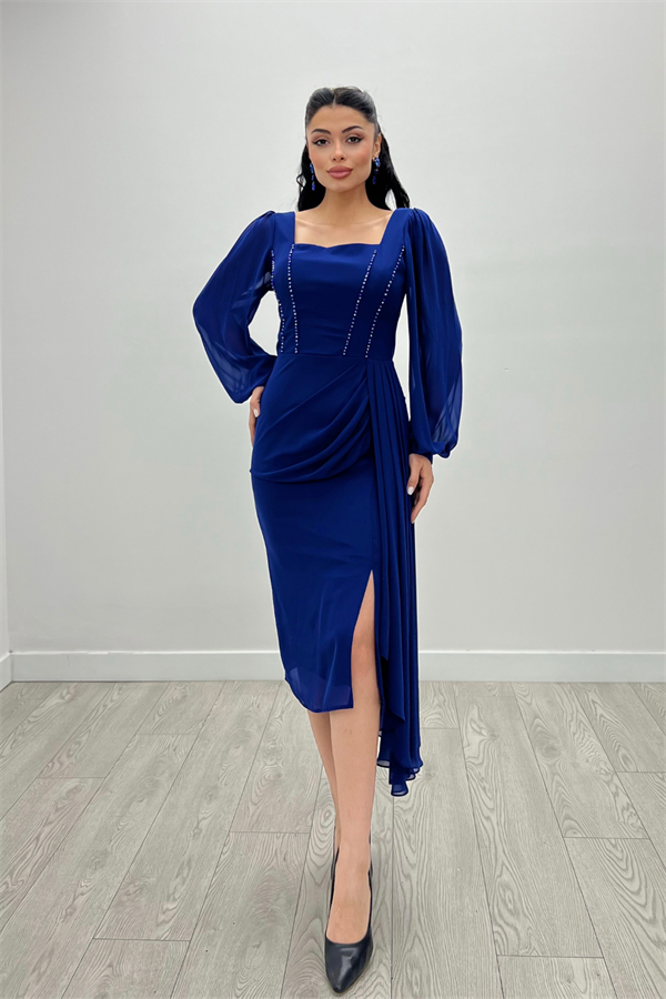 Atlas Kumaş Boncuk Detaylı Şifon Kol Kalem Elbise - SAKS MAVİ