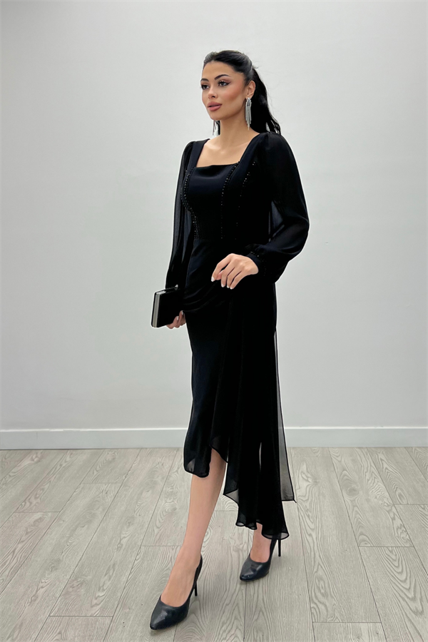 Atlas Kumaş Boncuk Detaylı Şifon Kol Kalem Elbise - SİYAH