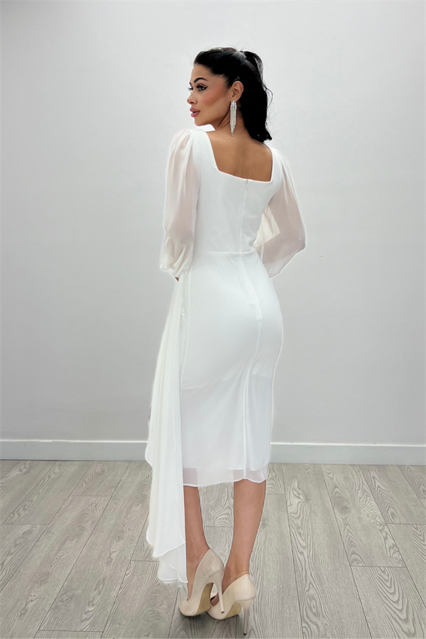 Atlas Kumaş Boncuk Detaylı Şifon Kol Kalem Elbise - BEYAZ