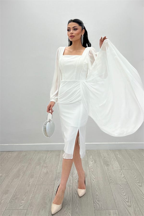 Atlas Kumaş Boncuk Detaylı Şifon Kol Kalem Elbise - BEYAZ