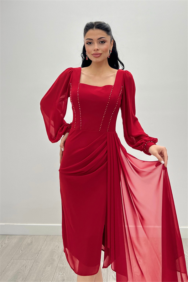 Atlas Kumaş Boncuk Detaylı Şifon Kol Kalem Elbise - KIRMIZI