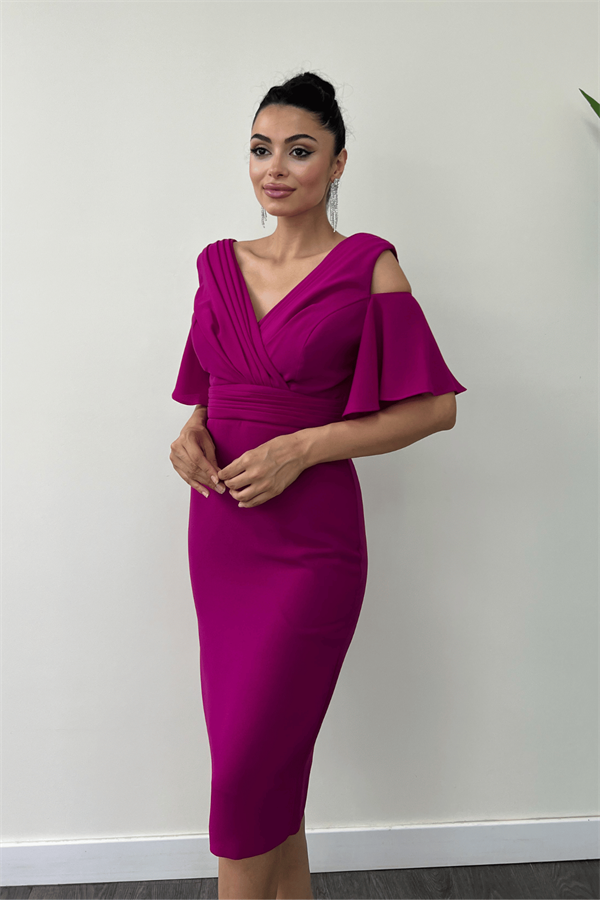 Atlas Kumaş Büzgü Detaylı Kalem Elbise - FUŞYA