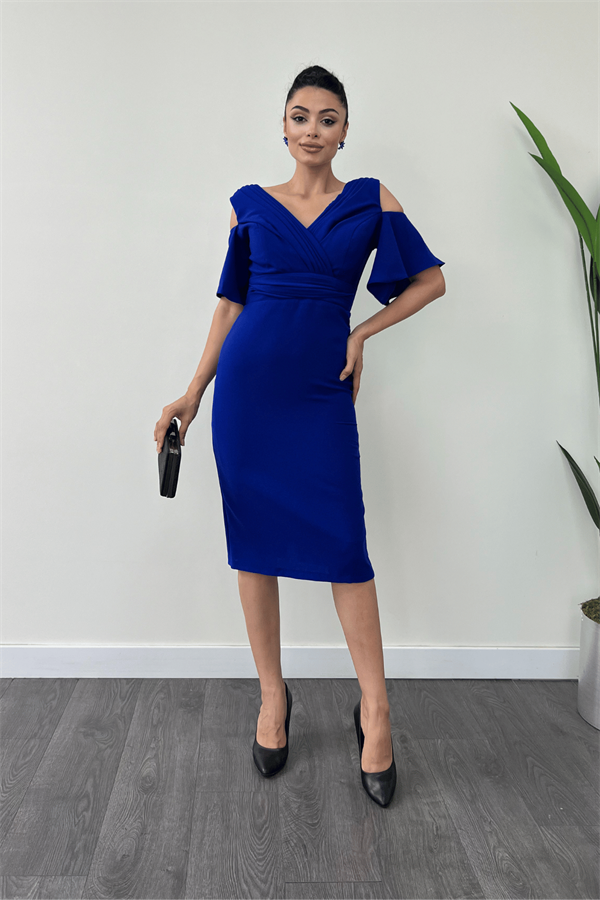 Atlas Kumaş Büzgü Detaylı Kalem Elbise - SAKS MAVİ