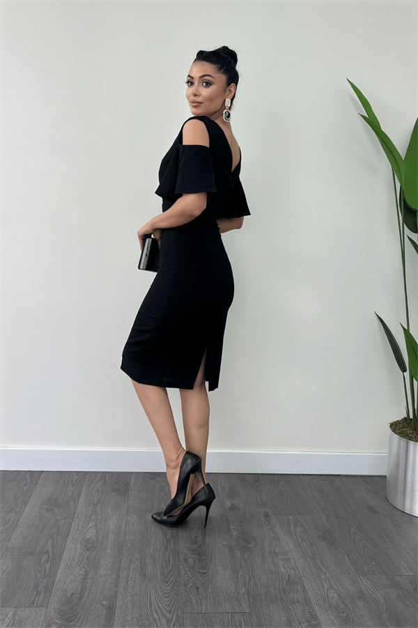 Atlas Kumaş Büzgü Detaylı Kalem Elbise - SİYAH