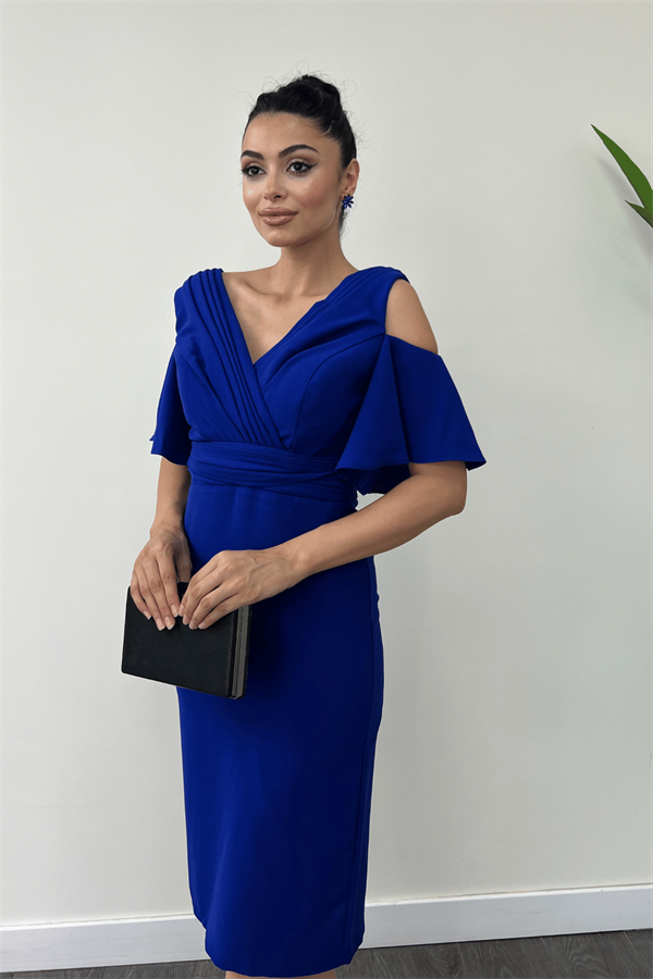 Atlas Kumaş Büzgü Detaylı Kalem Elbise - SAKS MAVİ