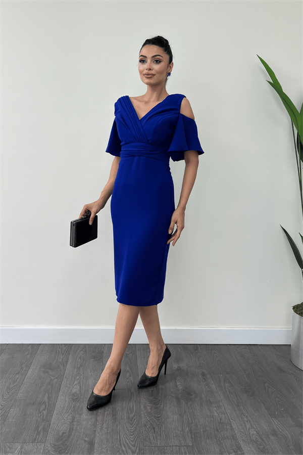 Atlas Kumaş Büzgü Detaylı Kalem Elbise - SAKS MAVİ