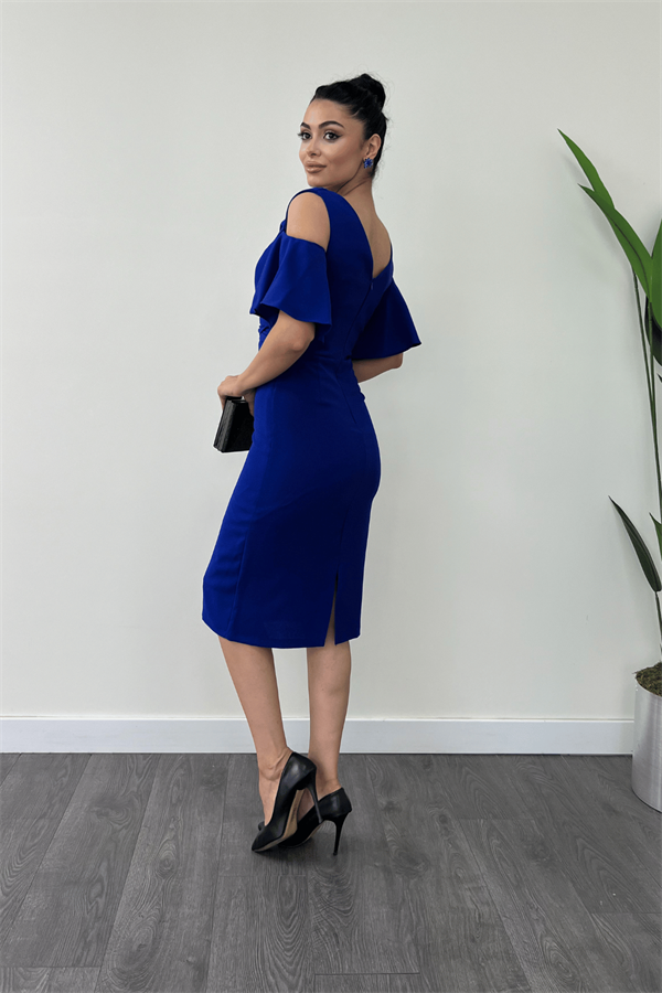 Atlas Kumaş Büzgü Detaylı Kalem Elbise - SAKS MAVİ