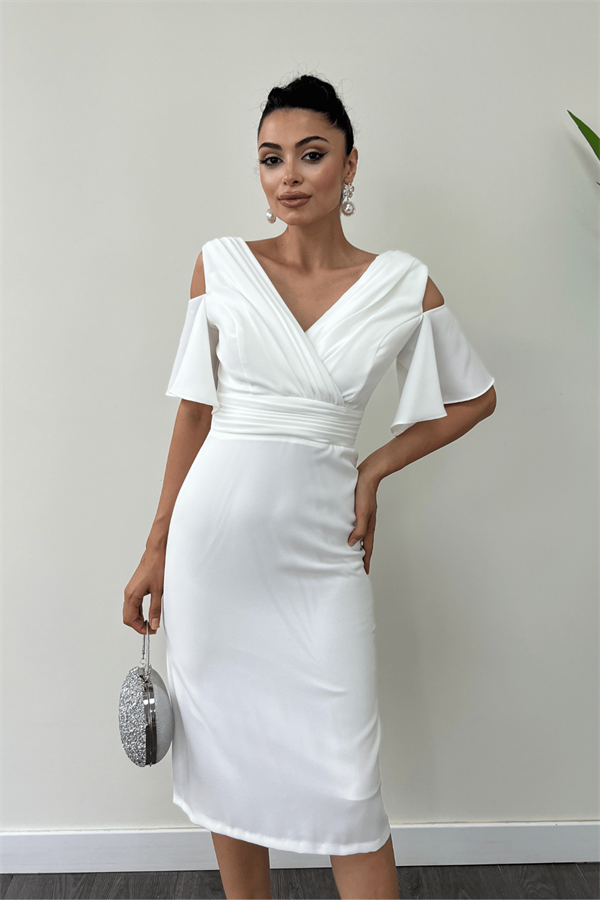 Atlas Kumaş Büzgü Detaylı Kalem Elbise - BEYAZ