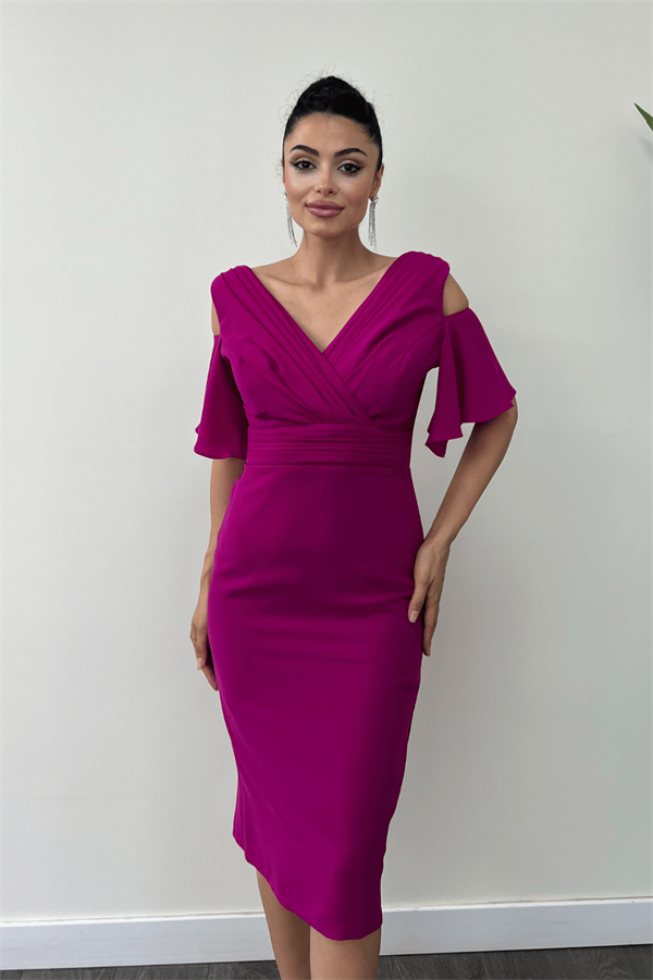 Atlas Kumaş Büzgü Detaylı Kalem Elbise - FUŞYA