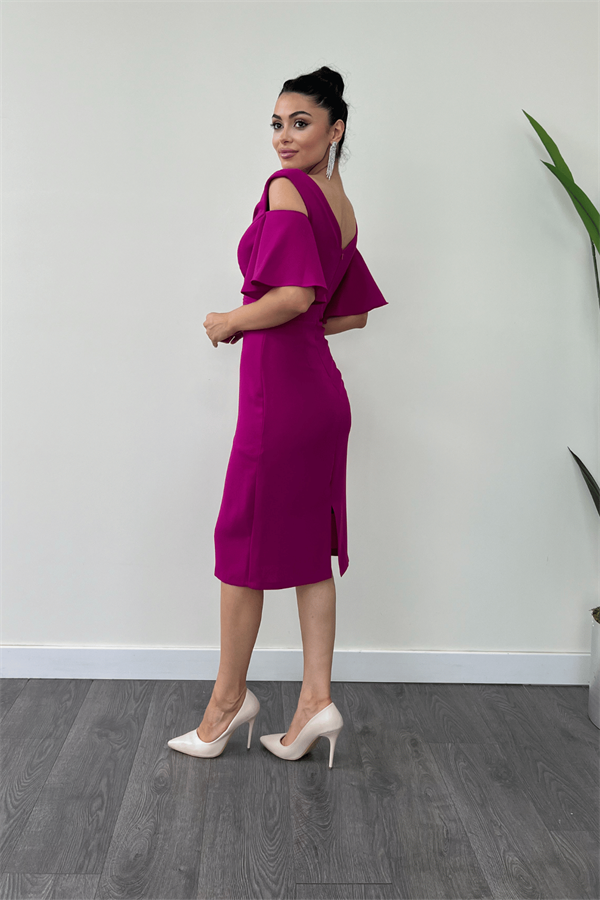 Atlas Kumaş Büzgü Detaylı Kalem Elbise - FUŞYA