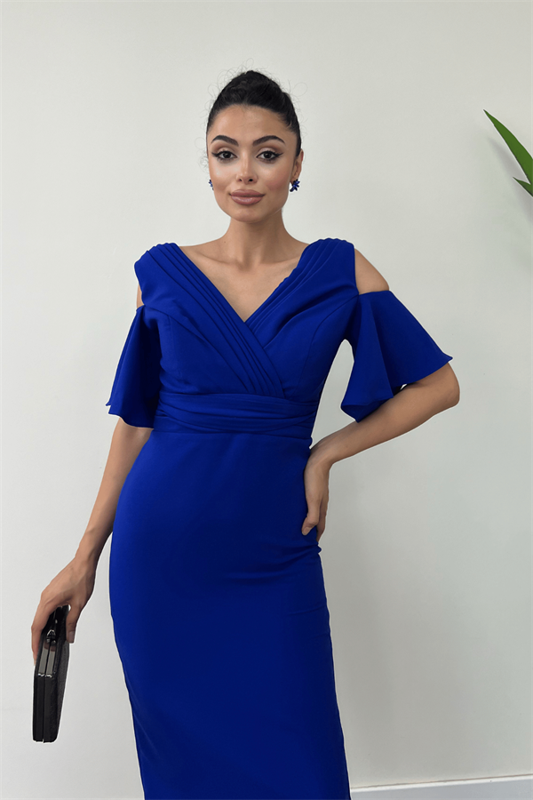 Atlas Kumaş Büzgü Detaylı Kalem Elbise - SAKS MAVİ