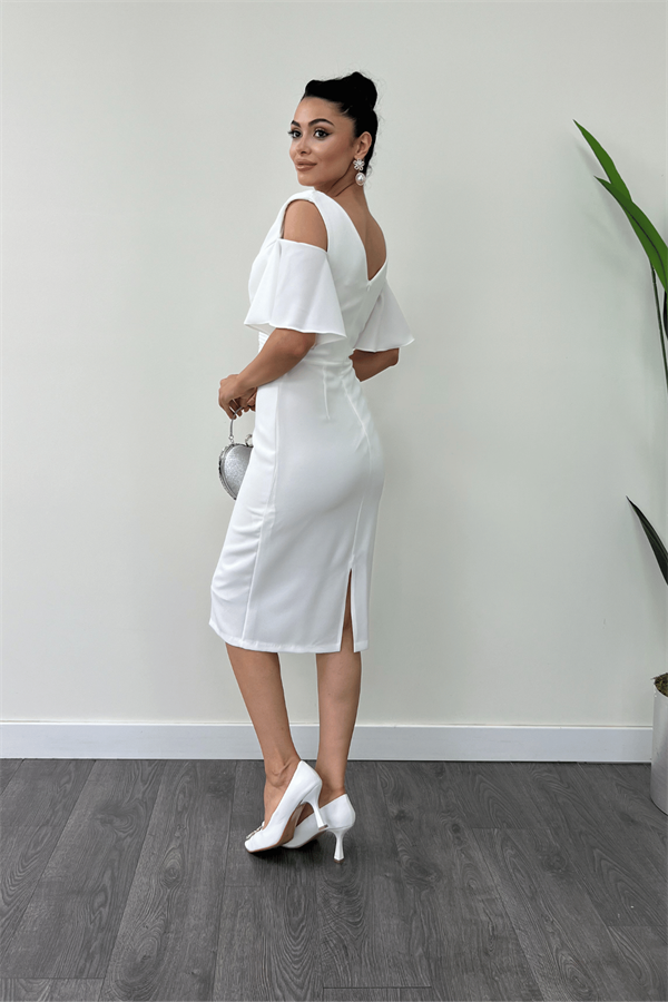 Atlas Kumaş Büzgü Detaylı Kalem Elbise - BEYAZ