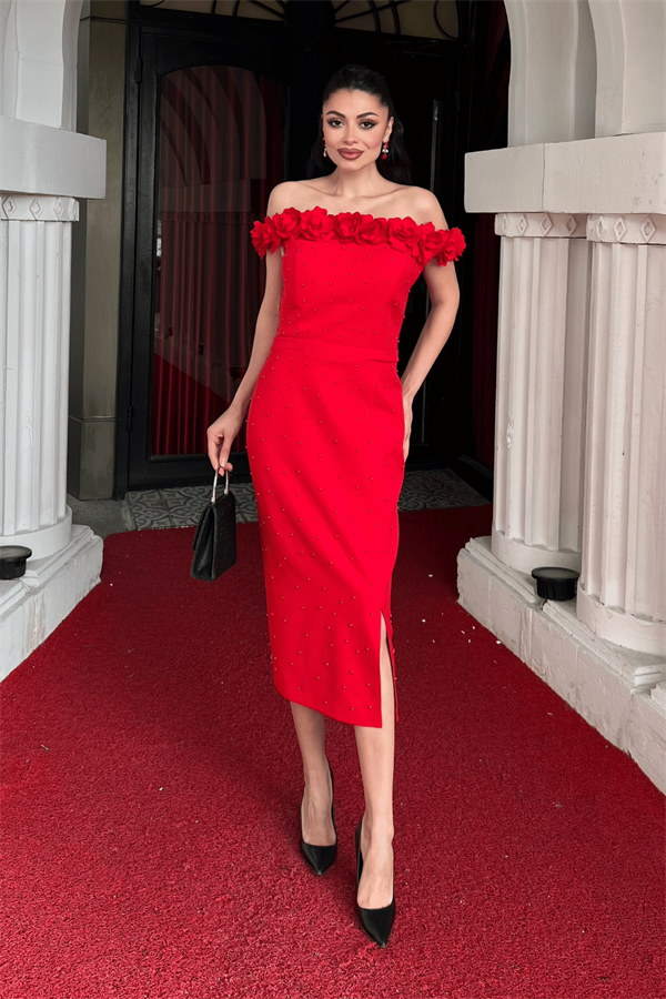 Atlas Kumaş Çiçekli İnci Detaylı Kalem Elbise - KIRMIZI