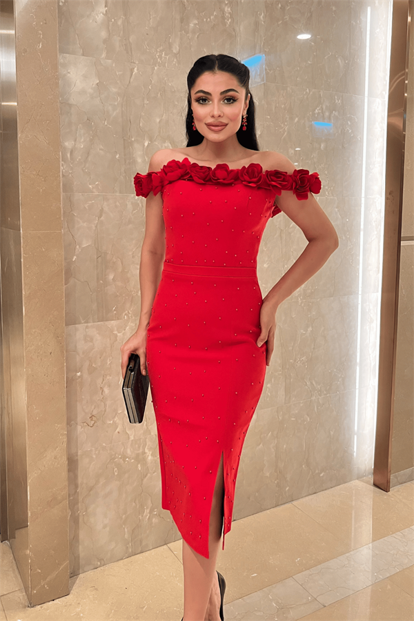 Atlas Kumaş Çiçekli İnci Detaylı Kalem Elbise - KIRMIZI