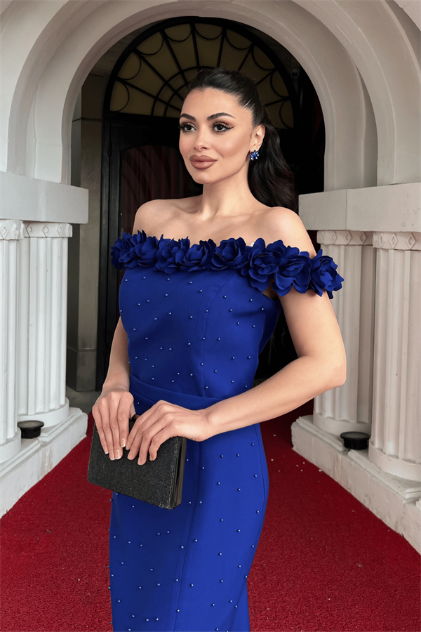 Atlas Kumaş Çiçekli İnci Detaylı Kalem Elbise - SAKS MAVİ