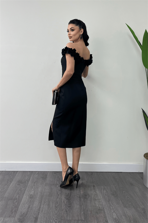 Atlas Kumaş Çiçekli İnci Detaylı Kalem Elbise - SİYAH