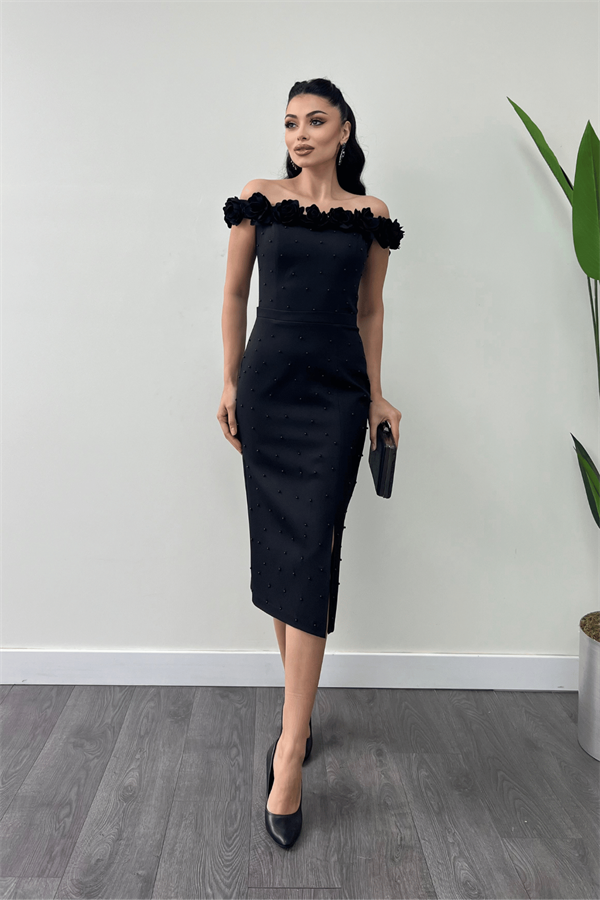 Atlas Kumaş Çiçekli İnci Detaylı Kalem Elbise - SİYAH