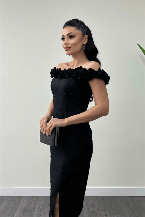 Atlas Kumaş Çiçekli İnci Detaylı Kalem Elbise - SİYAH