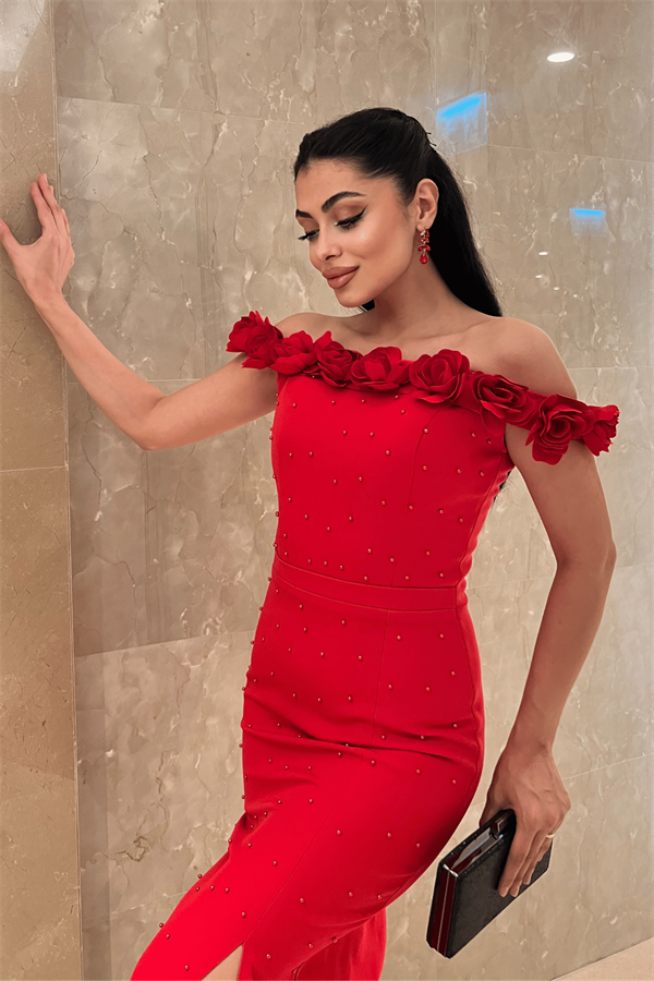 Atlas Kumaş Çiçekli İnci Detaylı Kalem Elbise - KIRMIZI