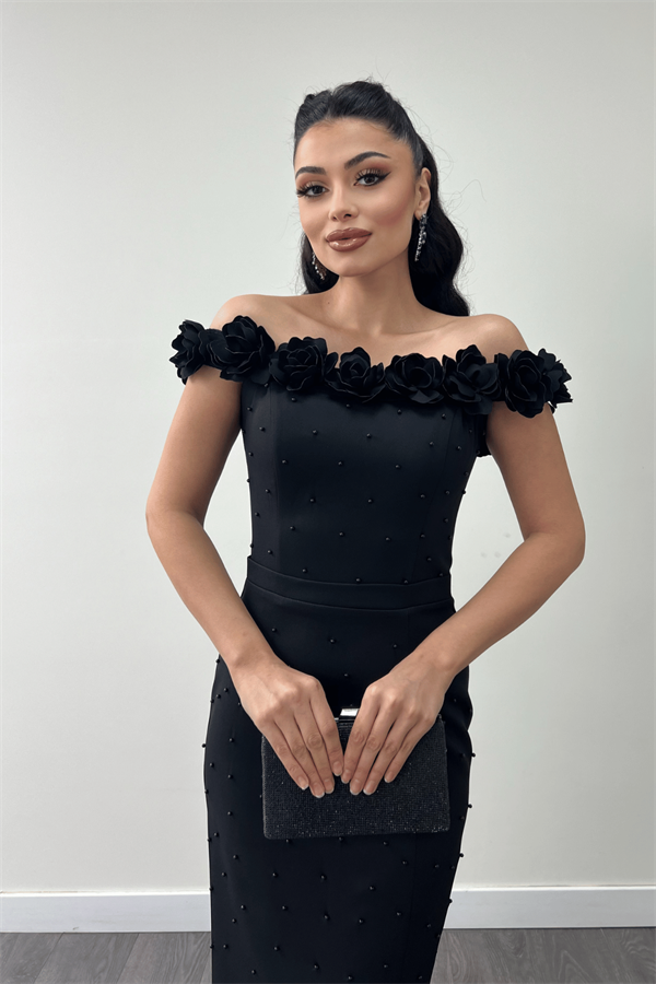 Atlas Kumaş Çiçekli İnci Detaylı Kalem Elbise - SİYAH