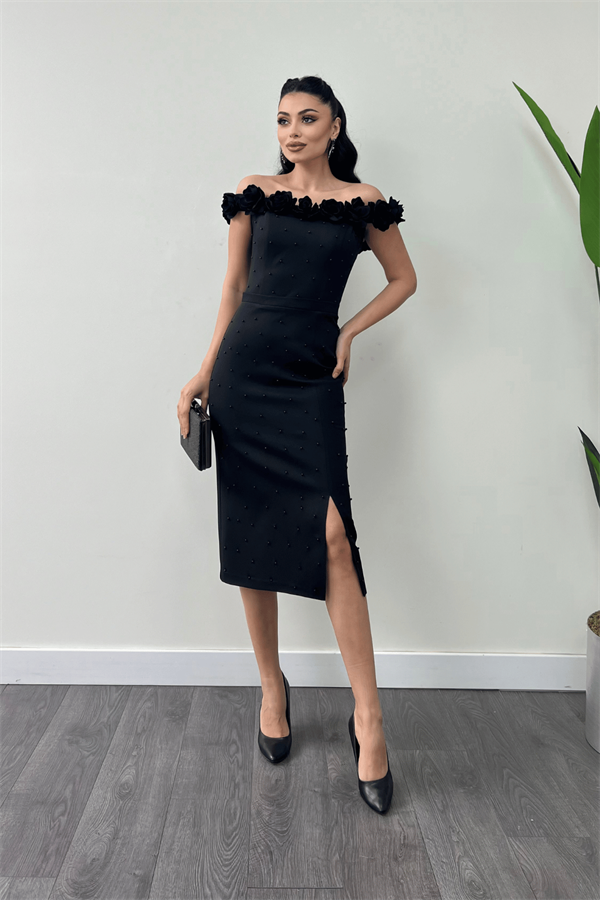 Atlas Kumaş Çiçekli İnci Detaylı Kalem Elbise - SİYAH