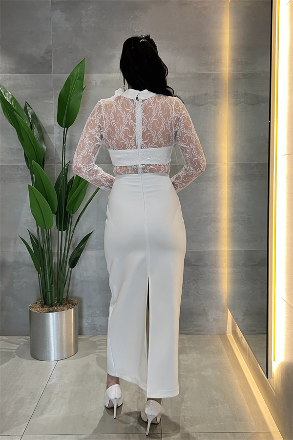 Atlas Kumaş Dantel Detaylı Elbise - BEYAZ