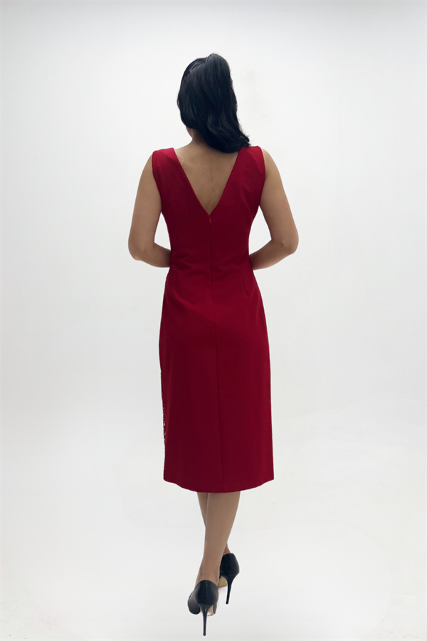 Atlas Kumaş Dantel Detaylı Kalem Elbise KIRMIZI