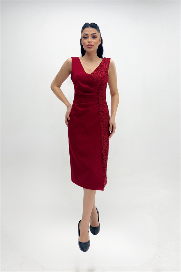 Atlas Kumaş Dantel Detaylı Kalem Elbise KIRMIZI