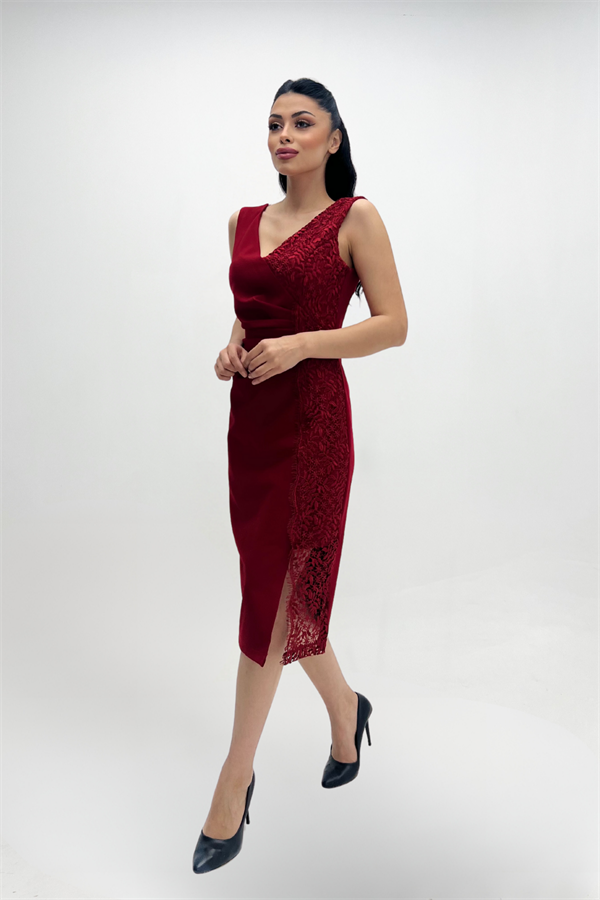 Atlas Kumaş Dantel Detaylı Kalem Elbise KIRMIZI