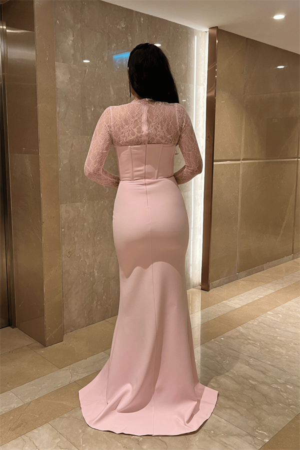 Atlas Kumaş Dantel Detaylı Korseli Abiye Elbise - PUDRA