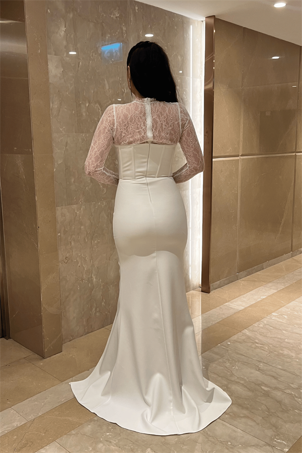 Atlas Kumaş Dantel Detaylı Korseli Abiye Elbise - BEYAZ