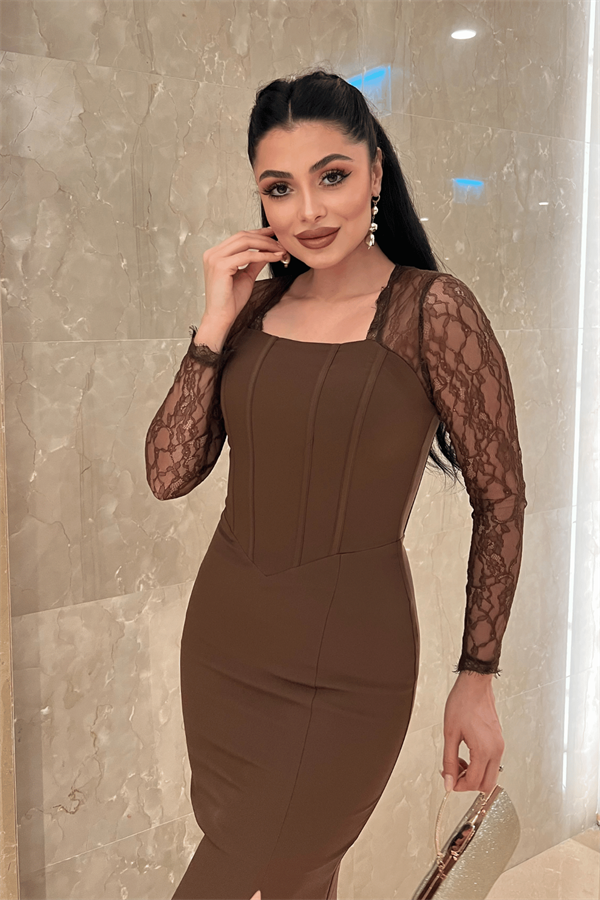 Atlas Kumaş Dantel Detaylı Korseli Abiye Elbise - KAHVERENGİ