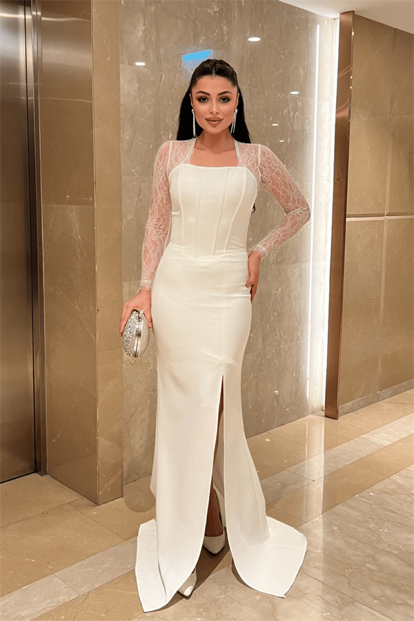 Atlas Kumaş Dantel Detaylı Korseli Abiye Elbise - BEYAZ