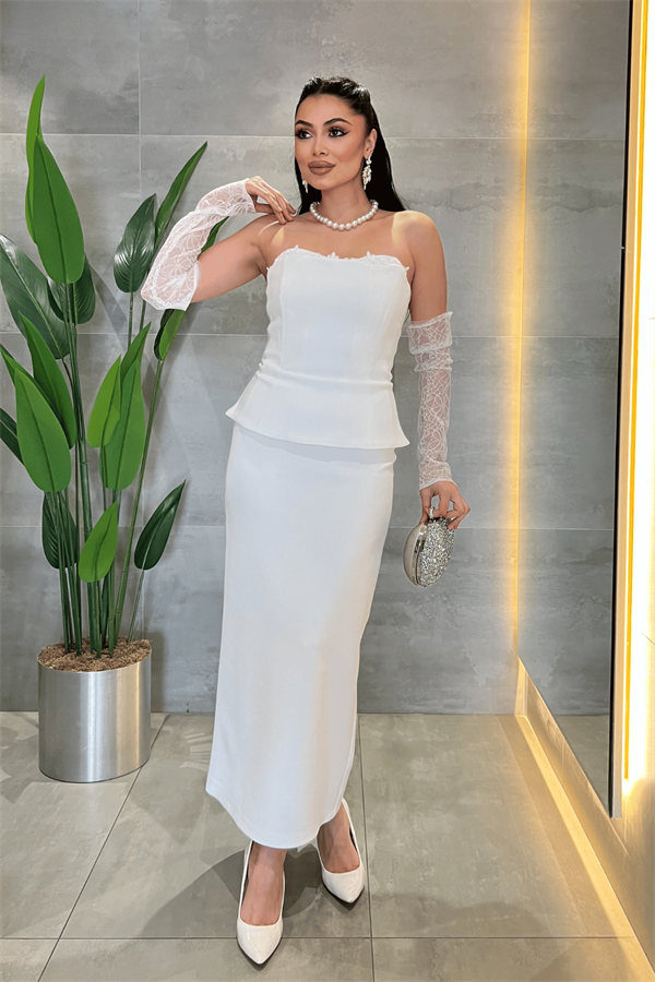 Atlas Kumaş Dantel Detaylı Straplez Elibse - BEYAZ