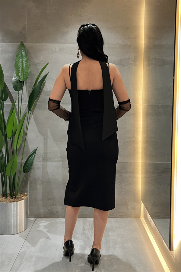 Atlas Kumaş Degaje Yakalı Eldiven Detaylı Kalem Elbise - SİYAH