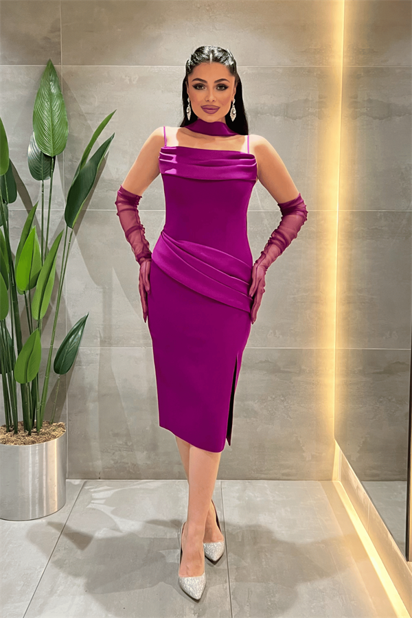 Atlas Kumaş Degaje Yakalı Eldiven Detaylı Kalem Elbise - FUŞYA