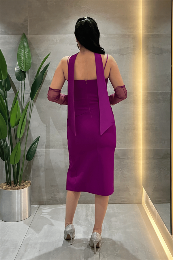 Atlas Kumaş Degaje Yakalı Eldiven Detaylı Kalem Elbise - FUŞYA