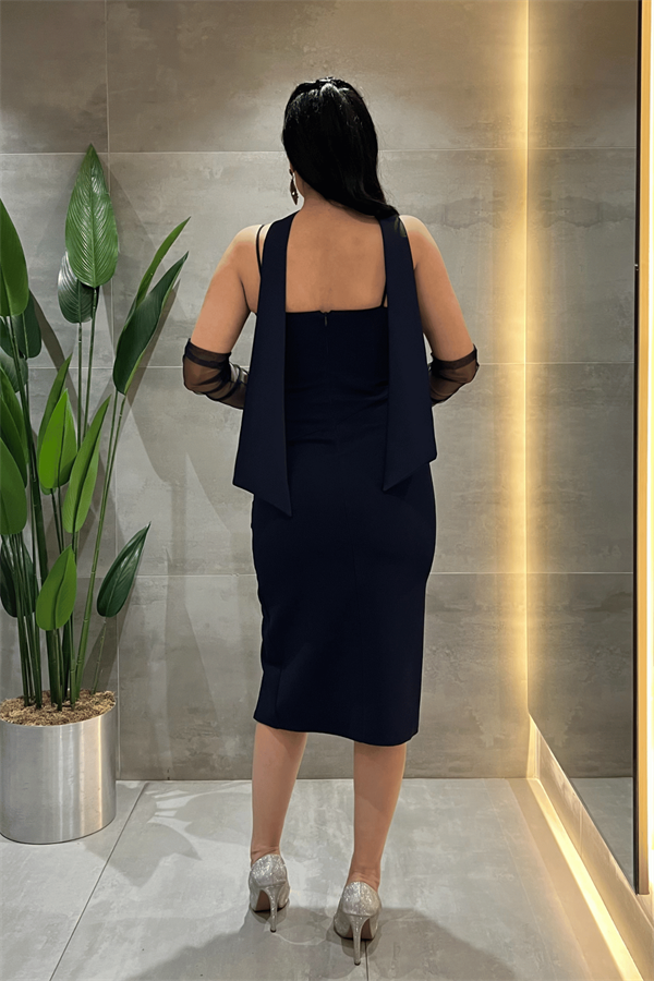 Atlas Kumaş Degaje Yakalı Eldiven Detaylı Kalem Elbise - LACİVERT