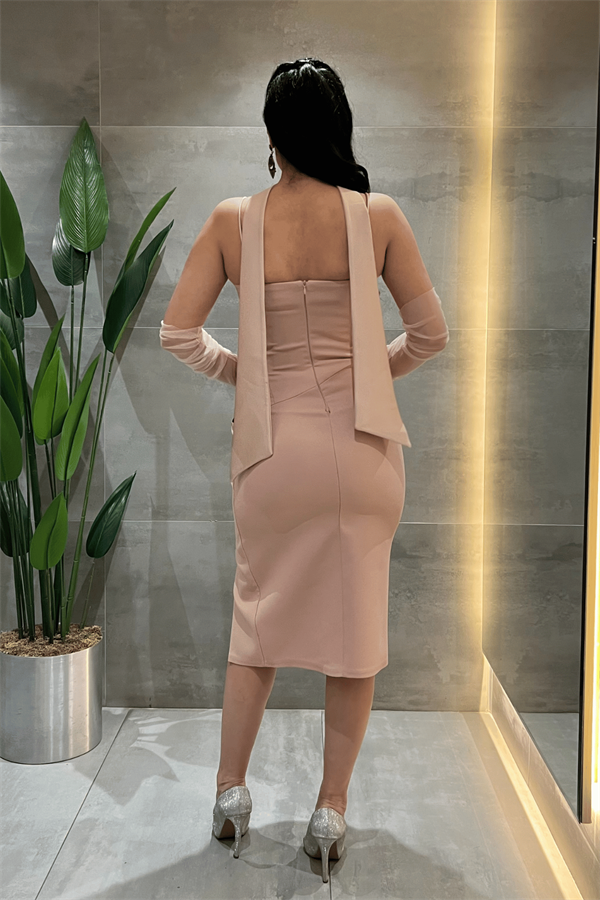 Atlas Kumaş Degaje Yakalı Eldiven Detaylı Kalem Elbise - PUDRA