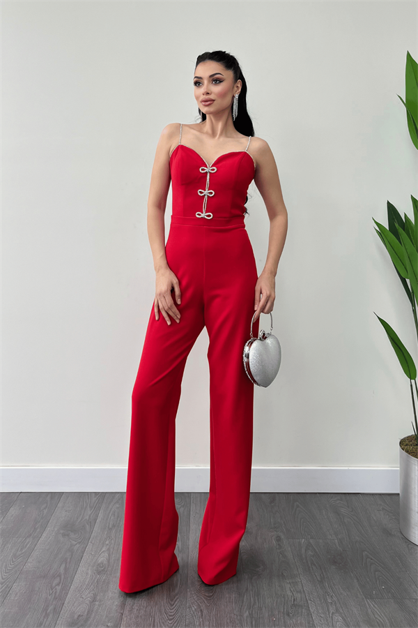 Atlas Kumaş Fiyonk Detaylı Abiye Tulum - KIRMIZI