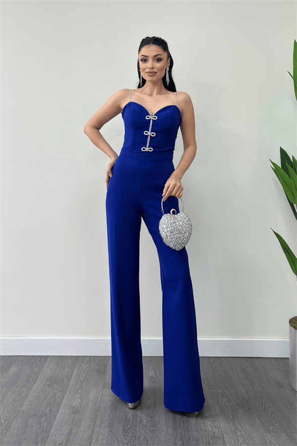 Atlas Kumaş Fiyonk Detaylı Abiye Tulum - SAKS MAVİ