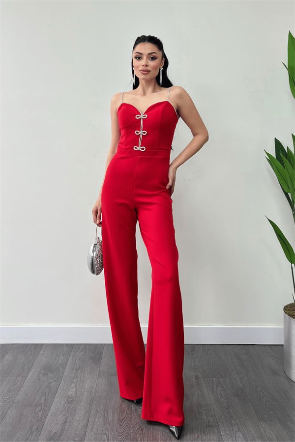 Atlas Kumaş Fiyonk Detaylı Abiye Tulum - KIRMIZI