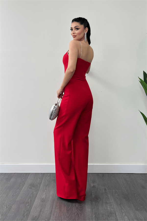 Atlas Kumaş Fiyonk Detaylı Abiye Tulum - KIRMIZI