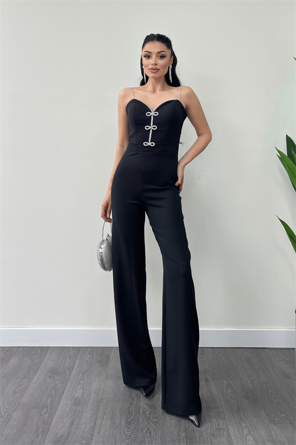 Atlas Kumaş Fiyonk Detaylı Abiye Tulum - SİYAH