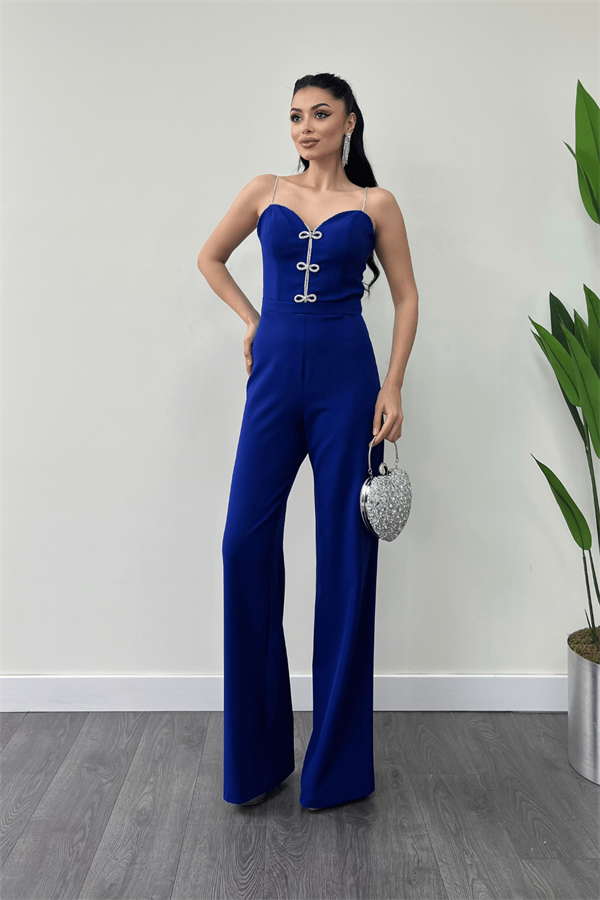 Atlas Kumaş Fiyonk Detaylı Abiye Tulum - SAKS MAVİ