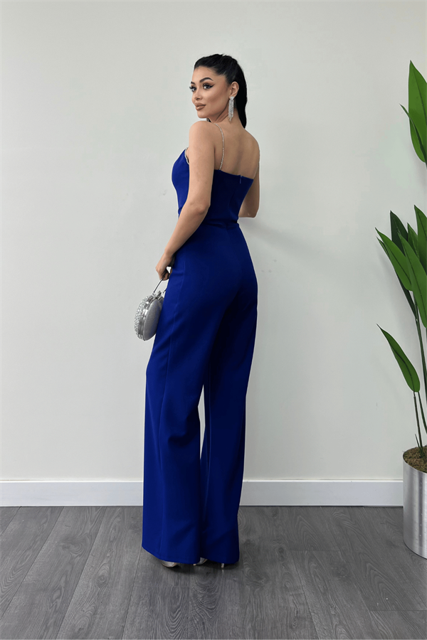 Atlas Kumaş Fiyonk Detaylı Abiye Tulum - SAKS MAVİ